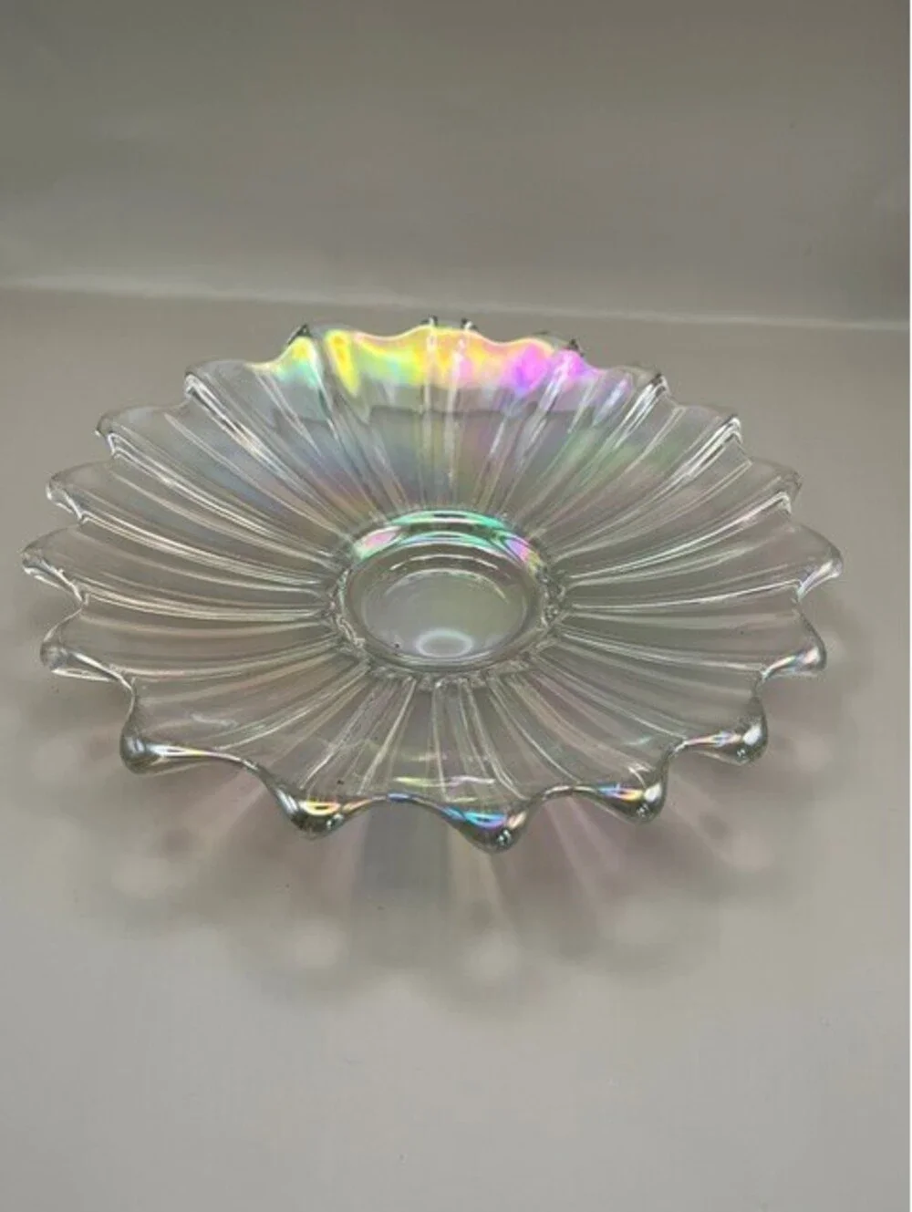 Vintage Federal Glass Celestial Bowl Clear Iridescent Carnival Glass Petal MCM